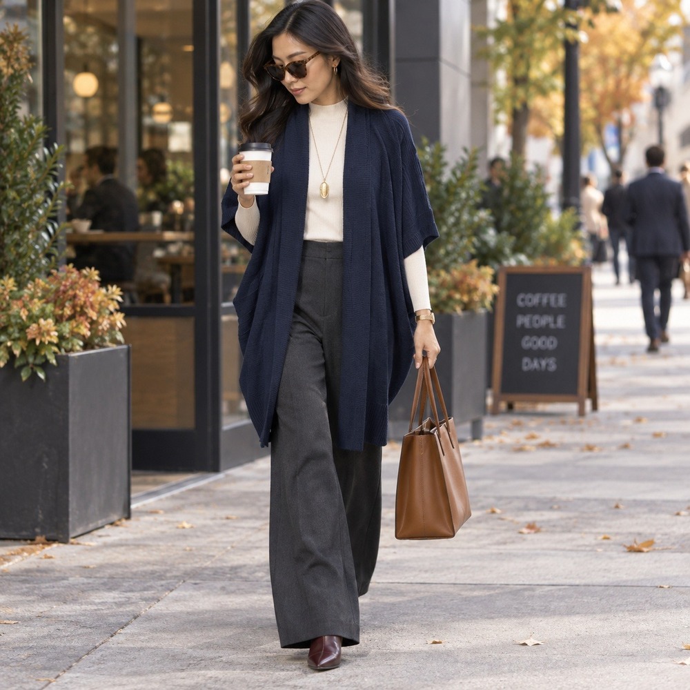 Joan Vass Navy Open Front Knit Cardigan L Minimalist, Business Casual, Corporate